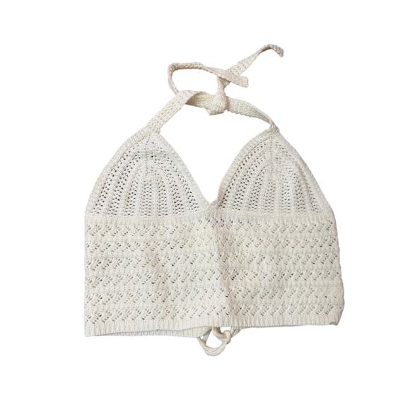 Boho Crochet Halter Top Cream Lace Up Backless Y2K Inspired Size L - Picture 4 of 6